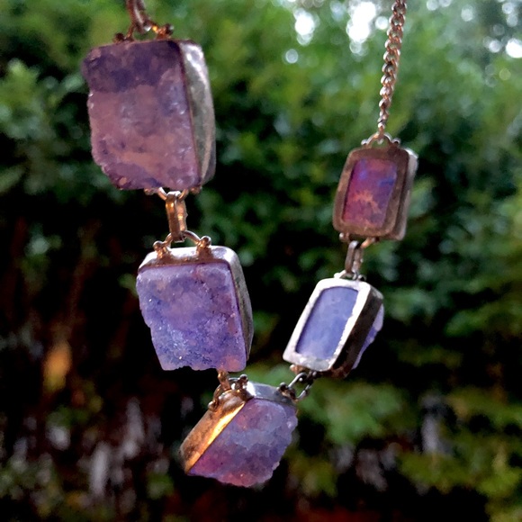 Purple Druzy Stone Necklace silver tone chain NWOT - Picture 5 of 6